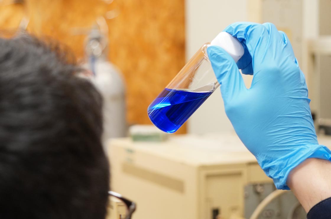 薬品の反応を観察しながら試験する様子